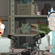 Morty and Rick recording with headphones and microphones.